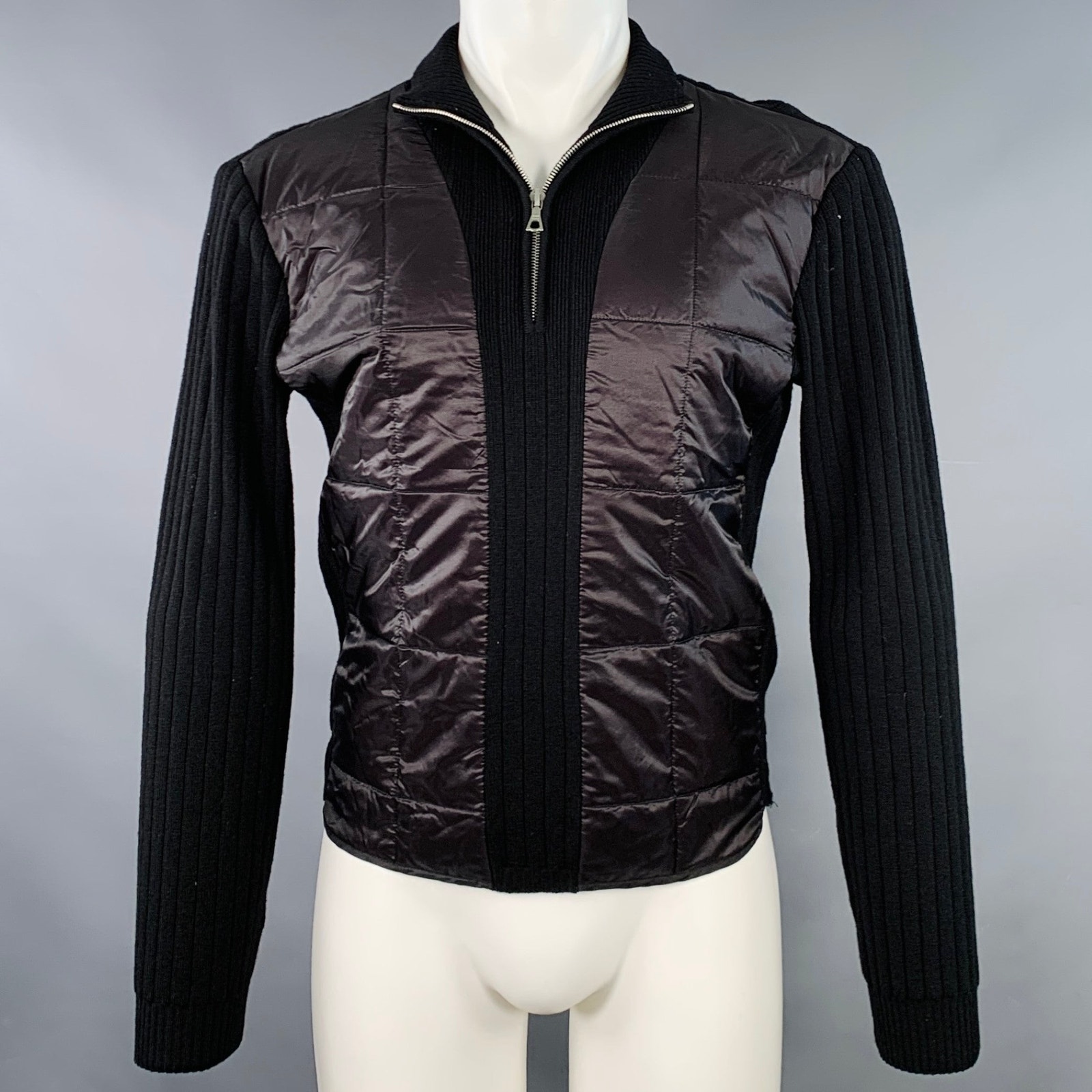 Dries Van Noten Size M Black Rib Knit Polyamide Blend Quilted 1/4 Zip Pullover